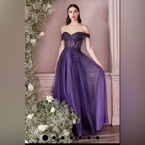 Cinderella Divine CD961 Purple: Long Lace Off The Shoulder A-Line Dress
